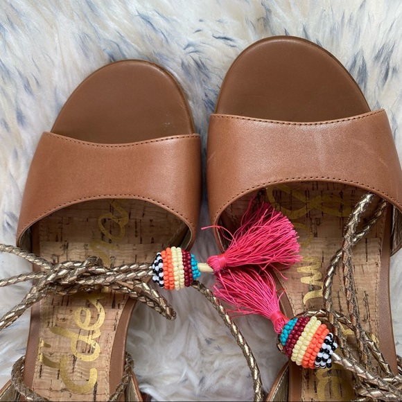 Sam Edelman Women’s Brown Block Heel Beaded Sandals Size 7 Beaded Tassel - Picture 15 of 16